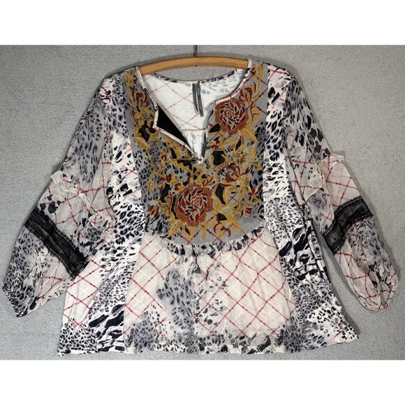 Anthropologie Women’s Mathilda Balloon Sleeve Mixed Print Blouse XL Sheer Boho - Picture 1 of 15